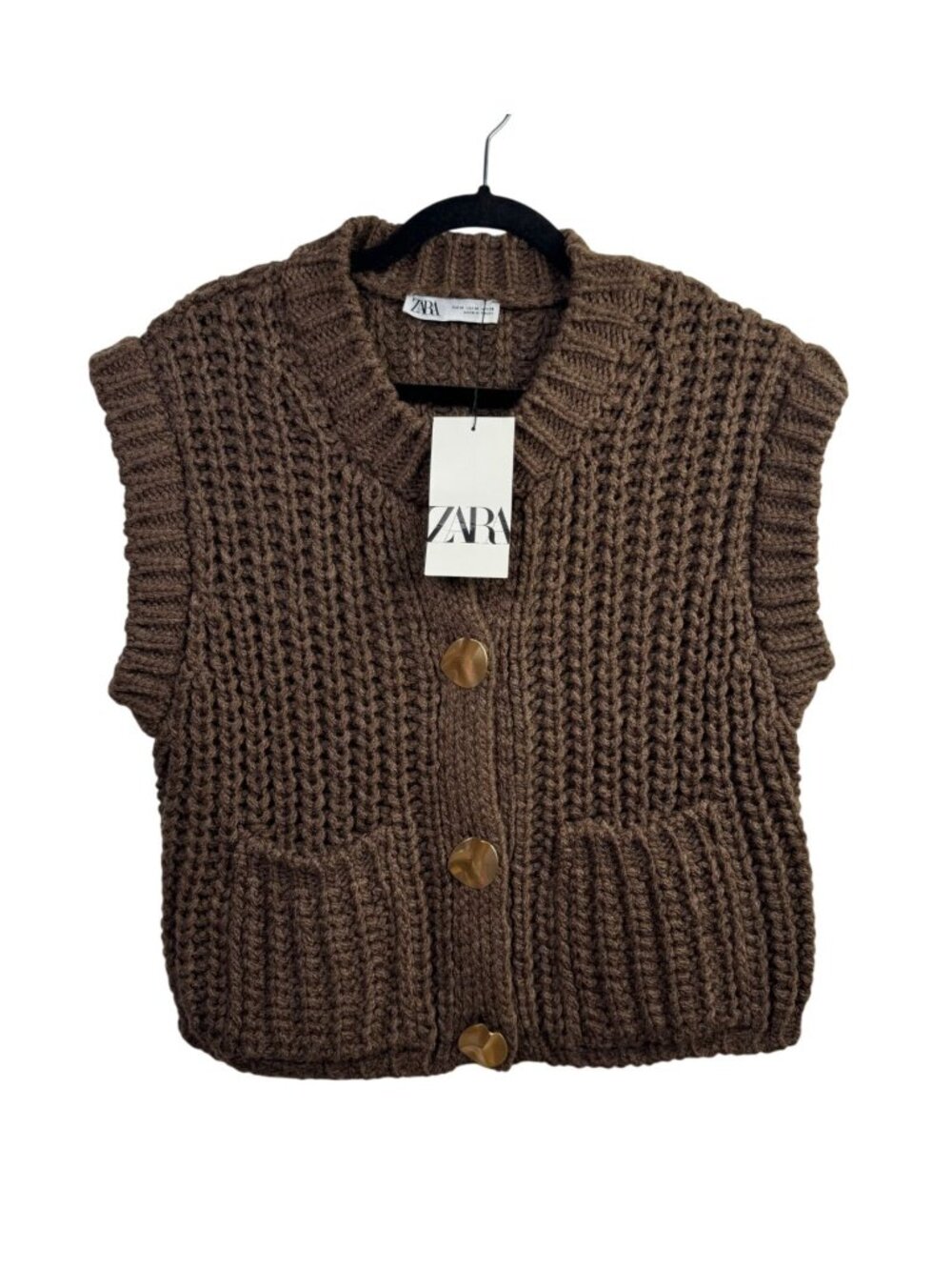 NEW Zara Brown Chunky Knit Sleeveless Cardigan Vest sz Medium Gold Button Front